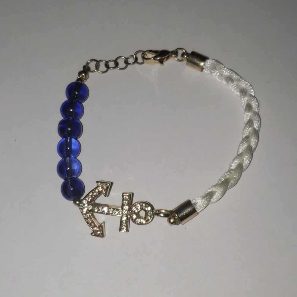 Blue and White Anchor Bracelet 3" Gold Clasp